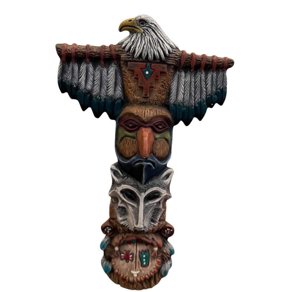 Rustic Hand Painted Resin Totem Pole Eagle Wolf Thunderbird Figurine 10 Inch